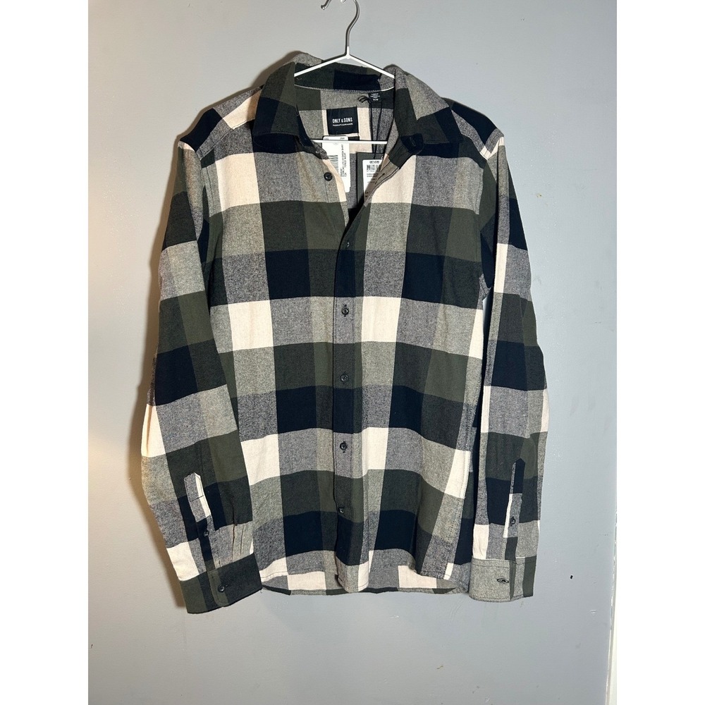 ONLY‎ SONS Mens Plaid Long Sleeve Button Up Shirt Forest Night M M